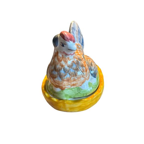 2 pc Chicken Canister Lid Colorful‎ Ceramic Hen Candy Jar Trinket Made Portugal - Picture 2 of 10